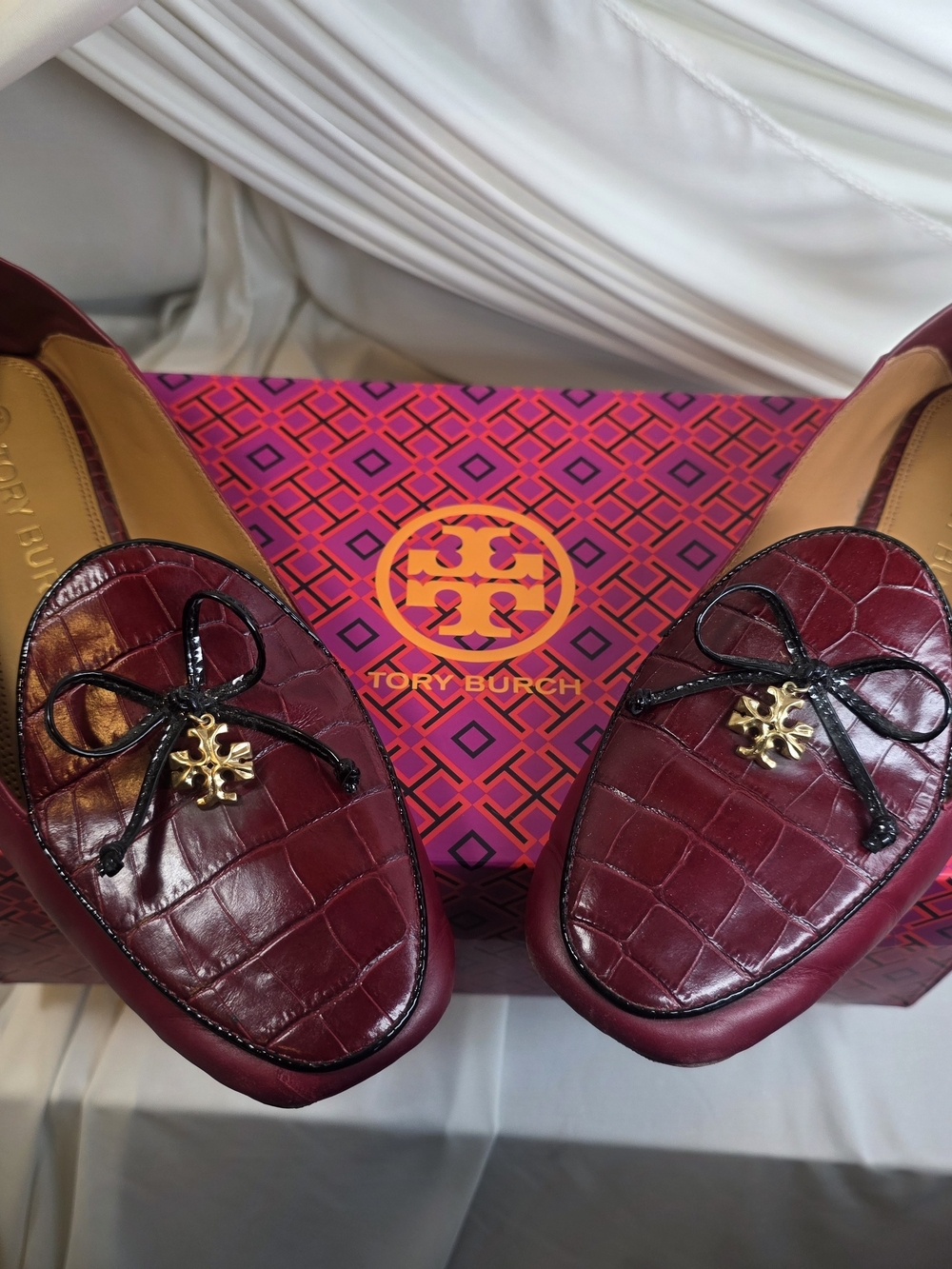 Tory Burch Men's Burgundy Croc-Embossed Leather Loafers